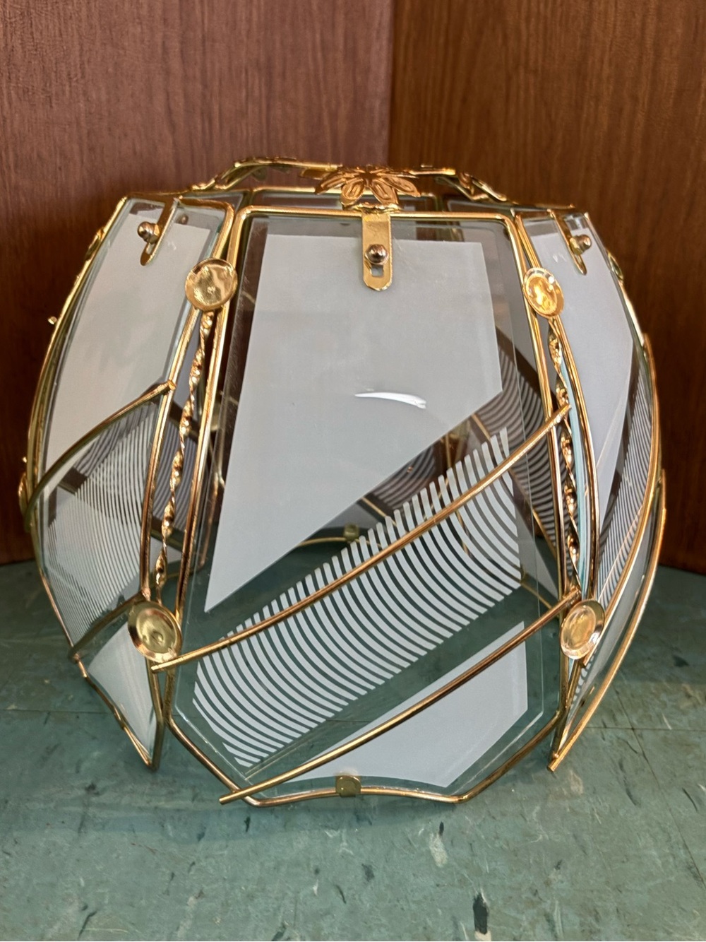 Lamp shade for touch lamp gold brass white glass panels 1980’s 1990’s